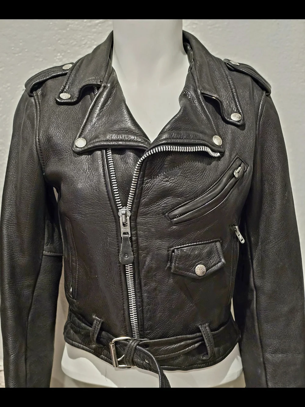 BRANDED GARMENTS. Vtg. Black Leather Biker Jacket - Youth #10, Classic Moto Coat